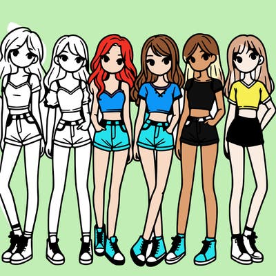 a group of girls wearing crop tops and shorts
