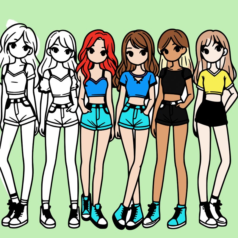 a group of girls wearing crop tops and shorts
