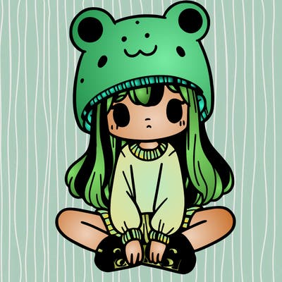 a girl wearing a frog hat and some frog socks