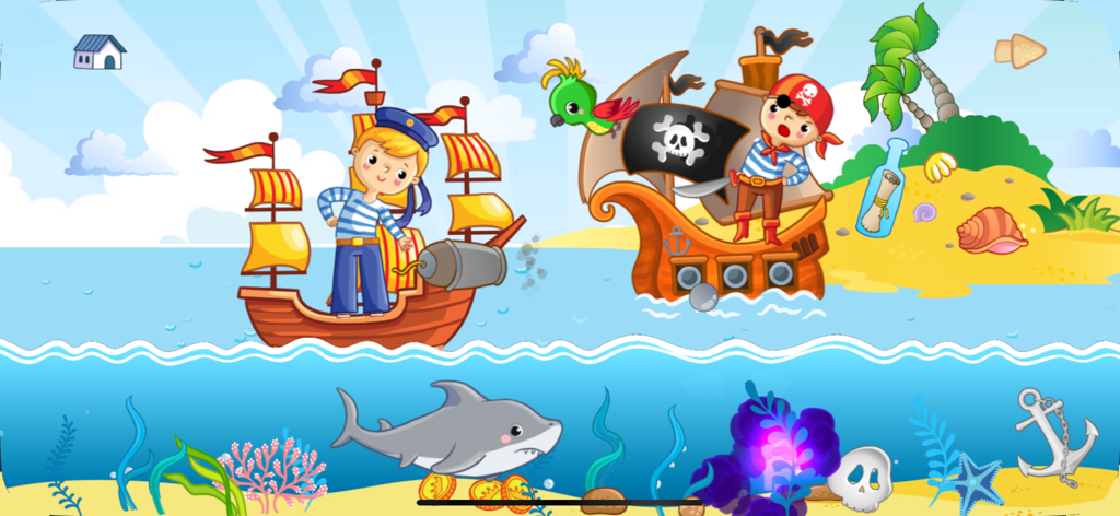 FISH sea animal puzzle games - A colorful cartoon pirate ship scene with a shark and tropical island from the sea animal puzzle game.