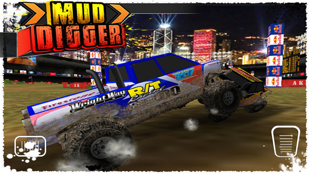 A monster truck performing a wheelie in a stadium during a night race in Mud Digger Simulator Racing