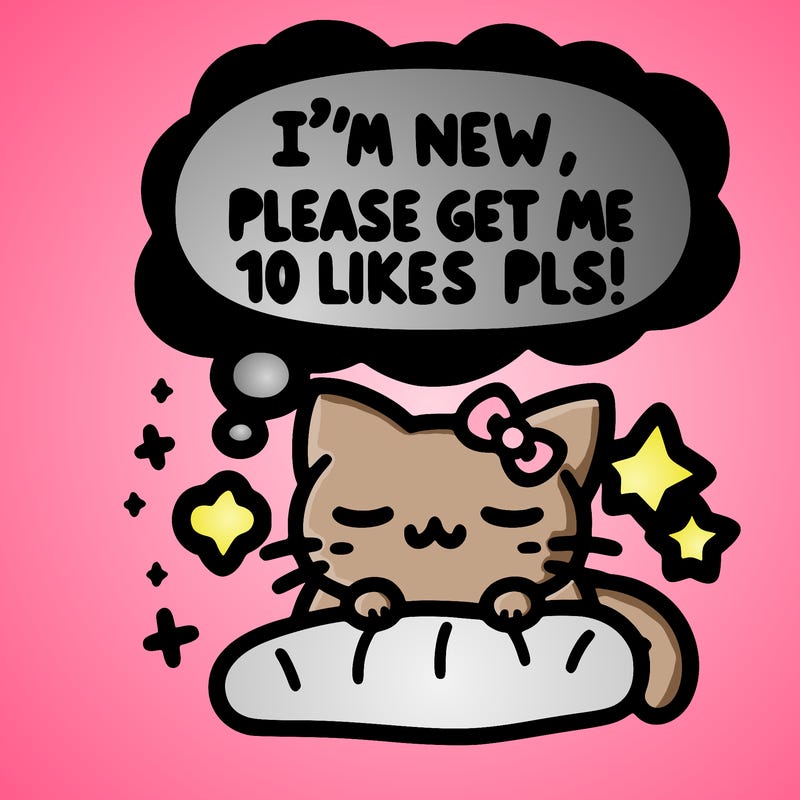 kitty taking a nap dream talking and saying "i'm new, please get me at least 10 likes pls!!"