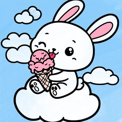 cute bunny  eating ice cream on a cloud