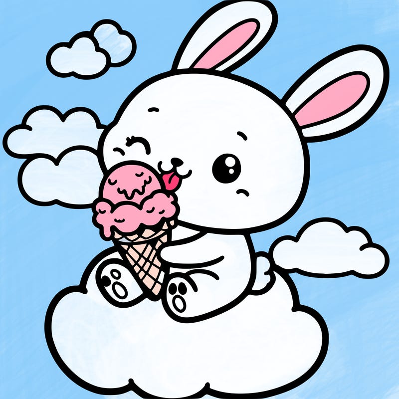 cute bunny  eating ice cream on a cloud