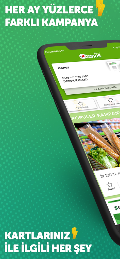 Smartphone screen showing BonusFlaş app interface with Garanti BBVA credit card details and shopping campaigns