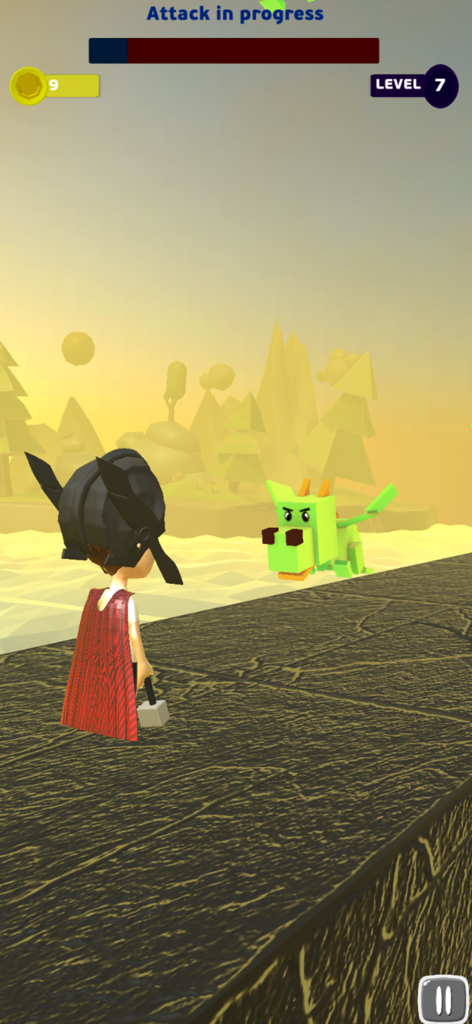 Young Thor - Young Thor character with a red cape and hammer facing a green blocky dragon in a level