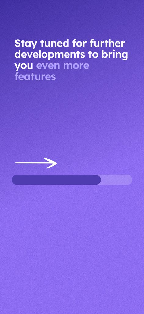 Petal Health - Ankündigungsbildschirm in der Petal Health App, der besagt, dass weitere Funktionen bald auf einem violetten Hintergrund verfügbar sein werden.