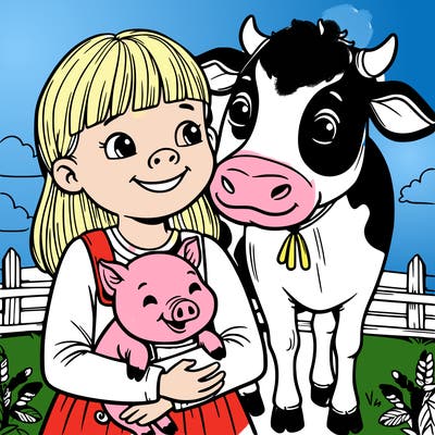 girl with baby pig in her arms and baby cow all looking really happy