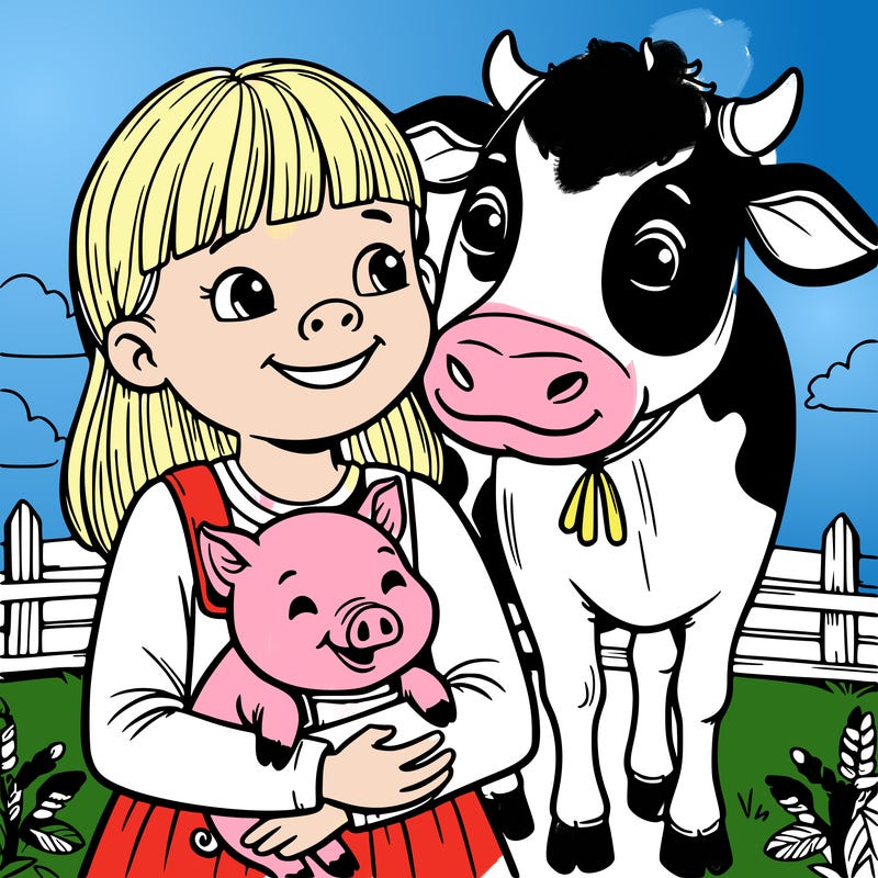 girl with baby pig in her arms and baby cow all looking really happy