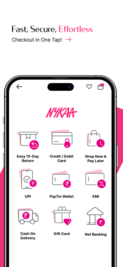 Nykaa – Makeup/Beauty Shopping - Nykaa app checkout screen showing various payment methods and 15-day return policy