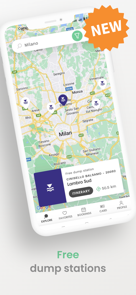 Agricamper Italia - Vista mappa dell'app Agricamper Italia che mostra stazioni di scarico gratuite per camper vicino a Milano