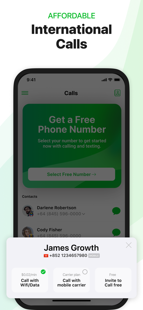 Call Second Phone Number, Text - Interfaz de la aplicación Call que muestra opciones de llamadas internacionales y una indicación para obtener un segundo número de teléfono gratuito