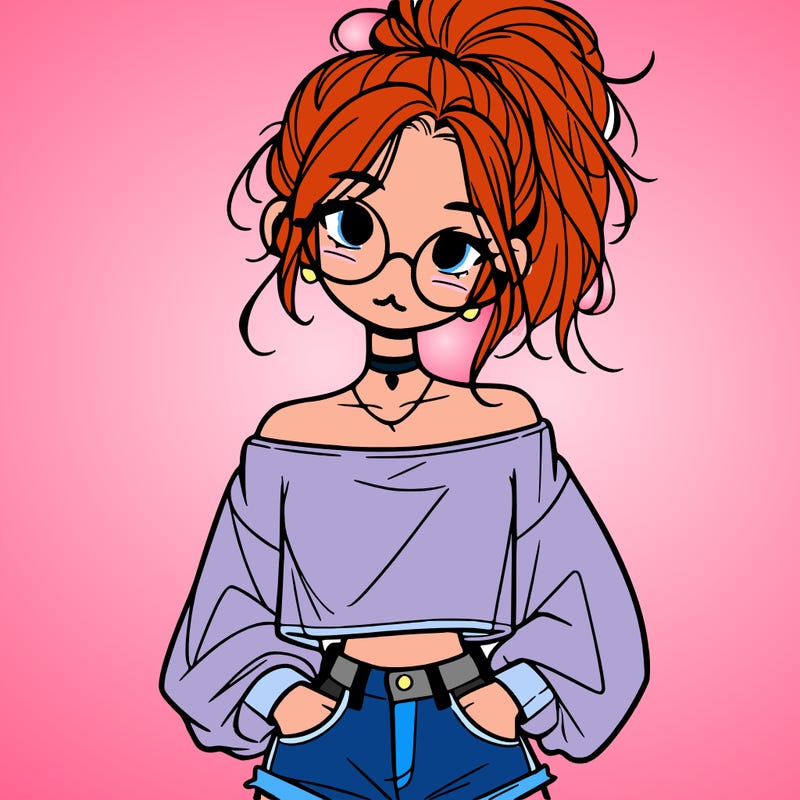 girl with a messy ponytail glasses a baggy crop top and jean shorts