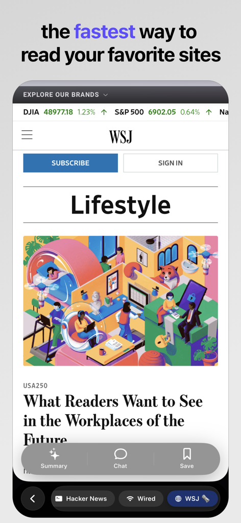 NEO Browser - NEO Browser interface showing a news article with AI summary and chat tools