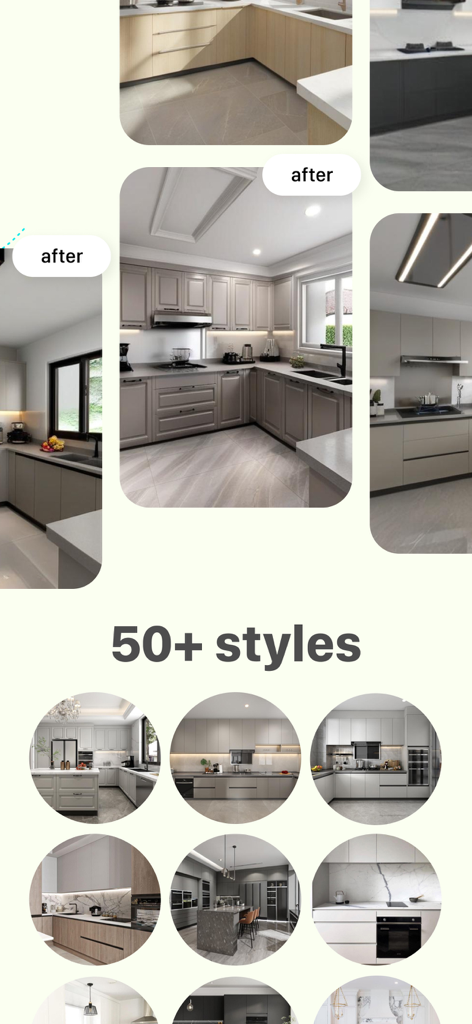 AI Kitchen Design - KitAI - KitAIアプリで利用可能な複数のモダンなキッチンインテリアデザインスタイルとレイアウトのショーケース