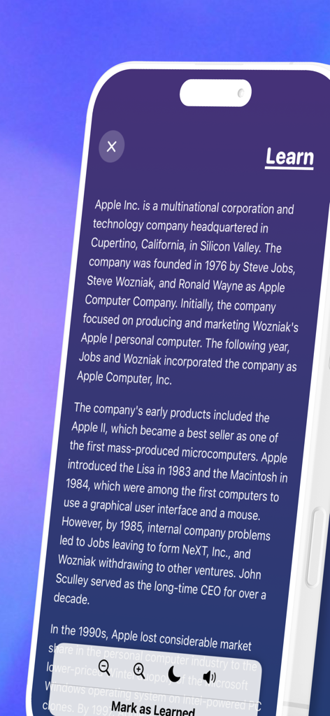 StudyLock: Block Distractions - StudyLock app reading screen with text to speech and mark as learned features.