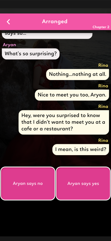 Screenshot of a romantic chat story interface with interactive dialogue choices between characters Aryan and Rina