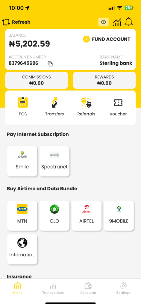 Baxi Mobile - The home screen of the Baxi Mobile app displaying an account balance in Naira and options for paying utility bills and purchasing airtime