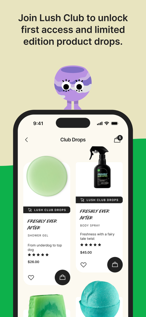 Lush app interface showing exclusive Club Drops and limited edition product listings