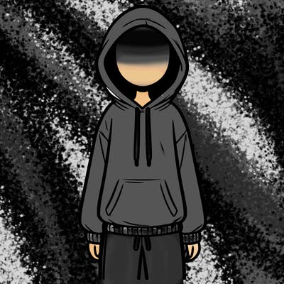 faceless girl in a tracksuit with a hood on and no hair