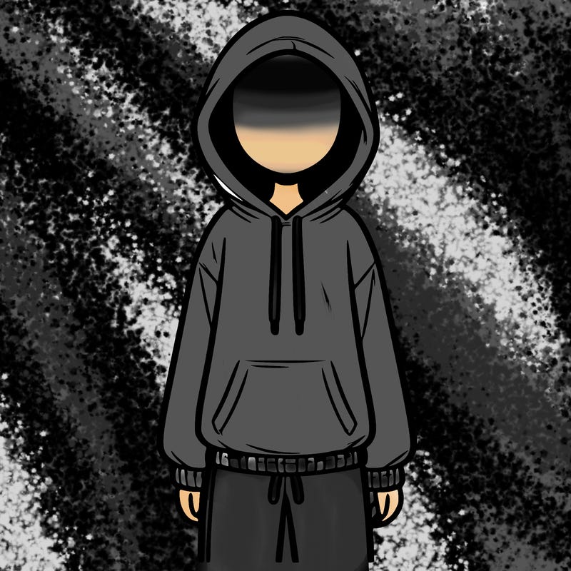 faceless girl in a tracksuit with a hood on and no hair