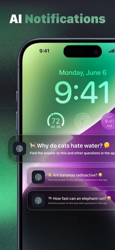 AI Chat 4.0: Open Chatbot 4o - Pantalla de bloqueo de teléfono móvil que muestra notificaciones de trivia y datos impulsados por IA