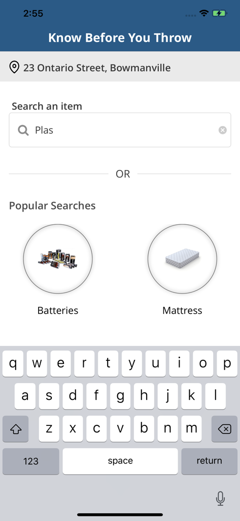 Durham Region Waste - Search interface for waste disposal and recycling instructions in the Durham Region app