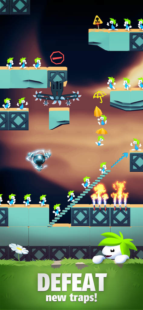 Lemmings: Strategy & Puzzle - Gameplay screenshot of Lemmings using umbrellas and building staircases to navigate past fire and saw traps