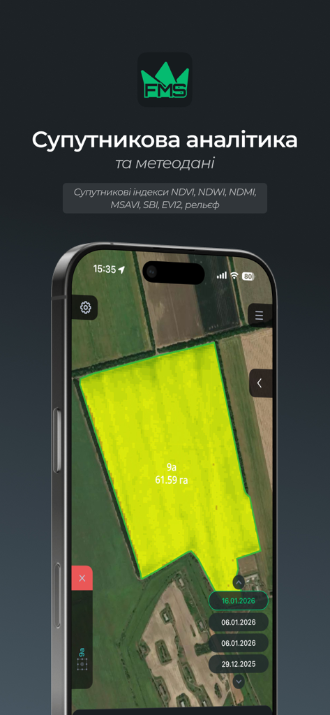Feodal FMS - Feodal FMS mobile app interface displaying satellite analytics and NDVI crop monitoring on a farm field map.
