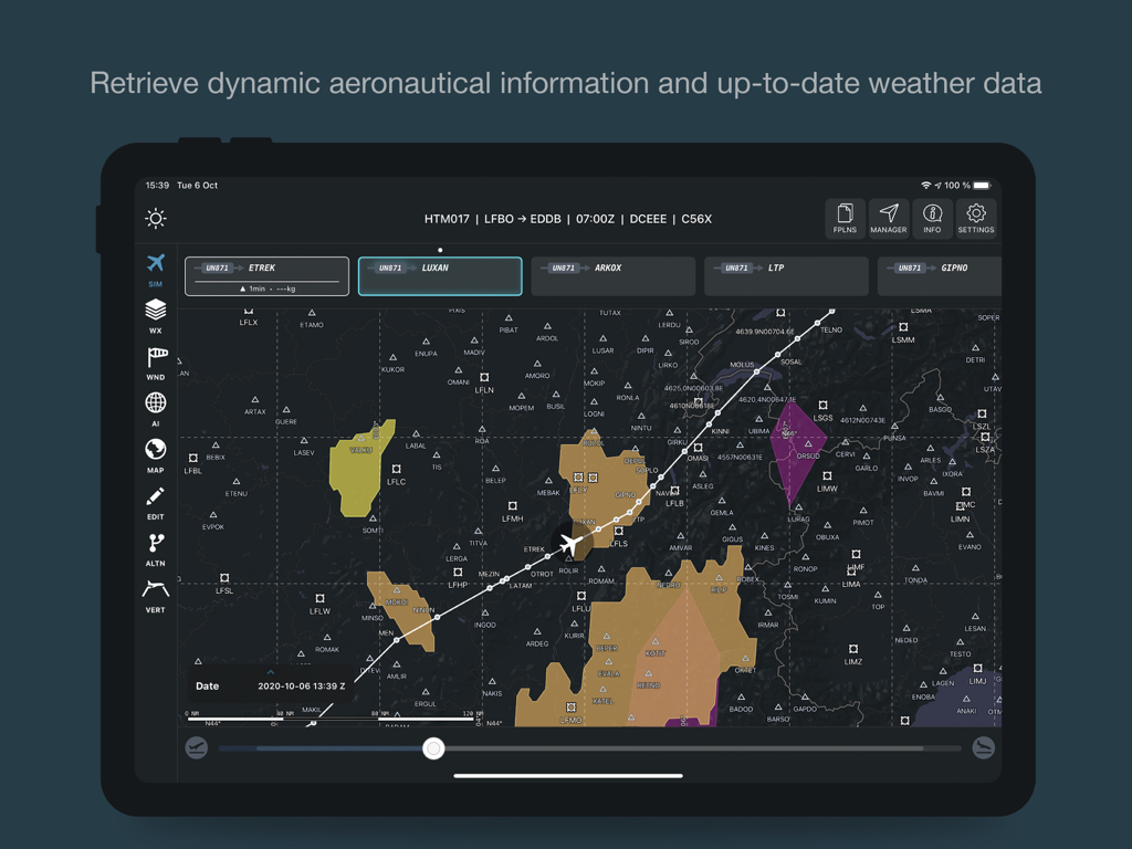 Interfaz de la aplicación Guidor Skyconseil que muestra una trayectoria de vuelo aeronáutica dinámica y datos meteorológicos en un iPad