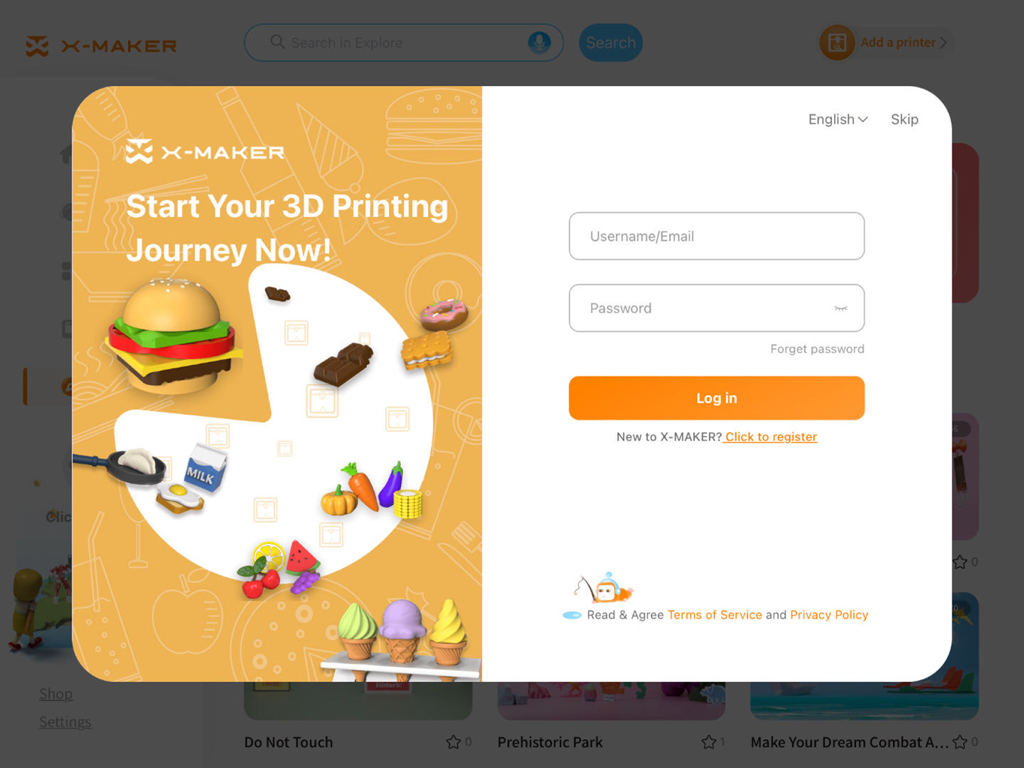 XMAKER HD - XMAKER HD login screen featuring 3D printed food illustrations and user sign in fields