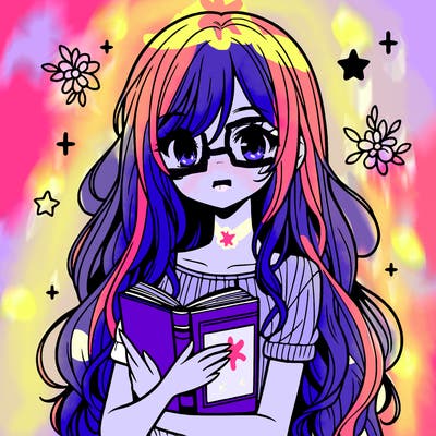 girl with long hair holding a book manga style