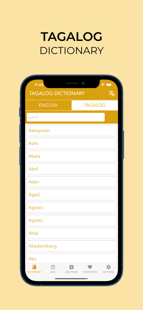 Screenshot of the Tagalog Dictionary app showing a list of Tagalog words in alphabetical order on an iPhone screen.