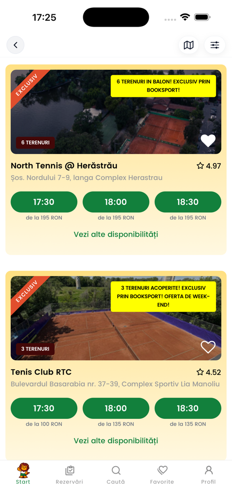 Booksport - Aplicativo Booksport exibindo opções de reserva de quadra de tênis e horários disponíveis.