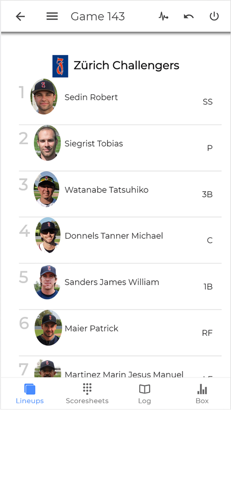 EasyScore Baseball Scoring - A baseball team lineup screen in the EasyScore app showing player names photos and field positions