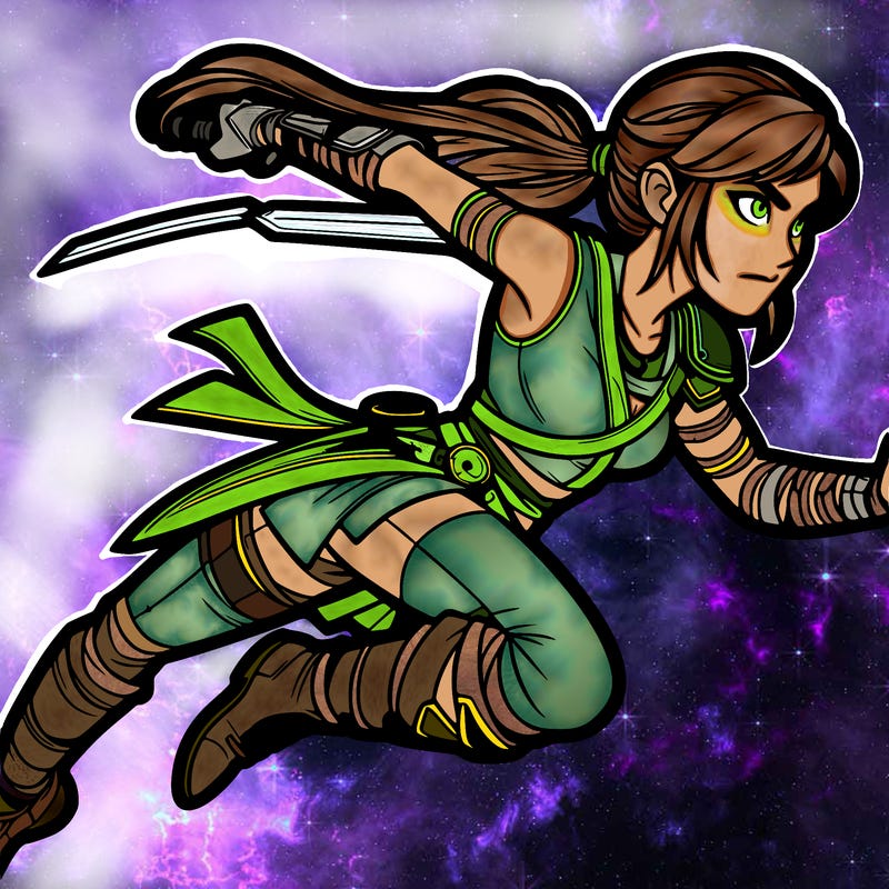 female warrior in dynamic action pose
