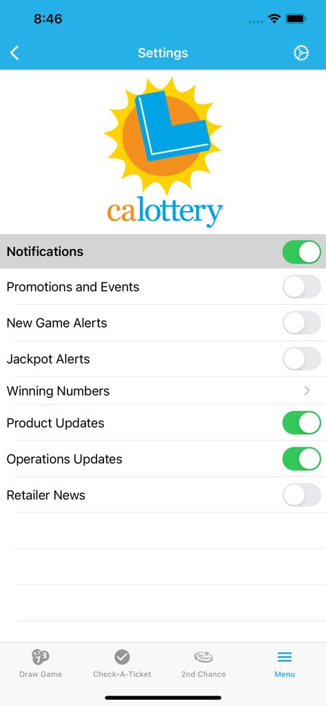 CA Lottery Official App - 캘리포니아 복권 앱의 알림 설정 모바일 화면, 잭팟 알림 및 당첨 번호에 대한 토글 스위치 포함