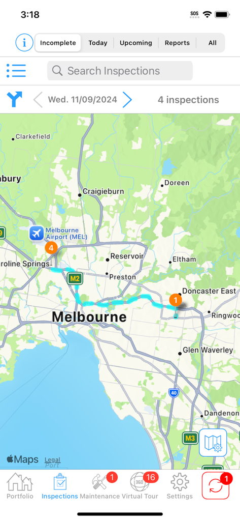 Inspection Express - Inspection Express app interface showing a map of scheduled property inspections in Melbourne.