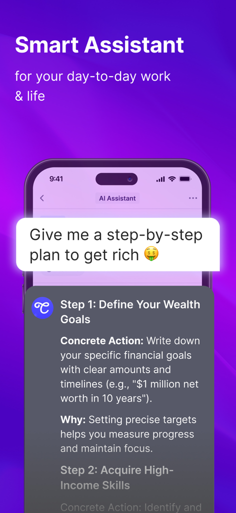 Benutzeroberfläche des Coursiv App Smart Assistants, die einen schrittweisen Plan für finanzielle Ziele und hochbezahlte Fähigkeiten bietet