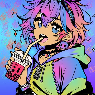 hot baddie anime girl drinking boba and biting the straw
