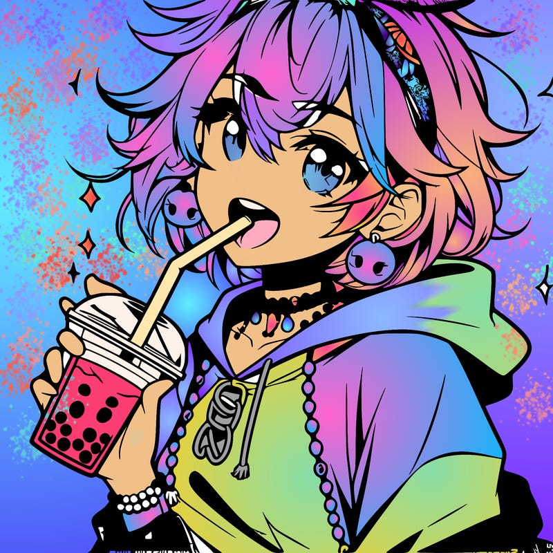 hot baddie anime girl drinking boba and biting the straw