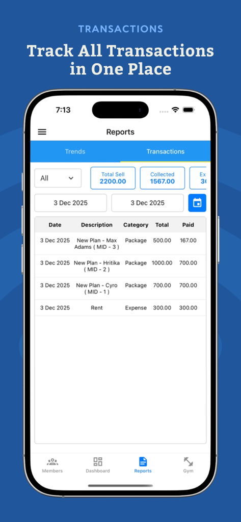 Gymzee : Gym Management App - Gymzee app screen displaying gym financial transactions and reports