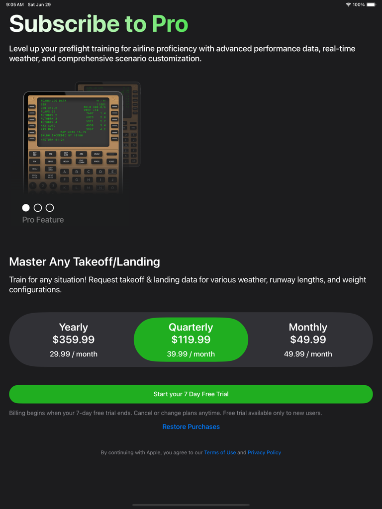 Pantalla de suscripción Pro para el entrenador de sistema de gestión de vuelo B747 que muestra niveles de precios mensuales, trimestrales y anuales