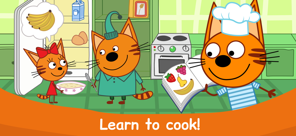 Kid-E-Cats Cooking at Kitchen! - Kid-E-Cats characters in a kitchen learning to cook with a recipe book and porridge