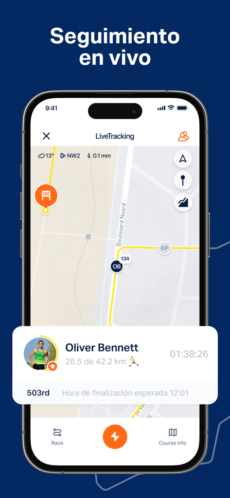 Marcate - Marcate mobile app interface displaying real-time live tracking of a runner on a race course map