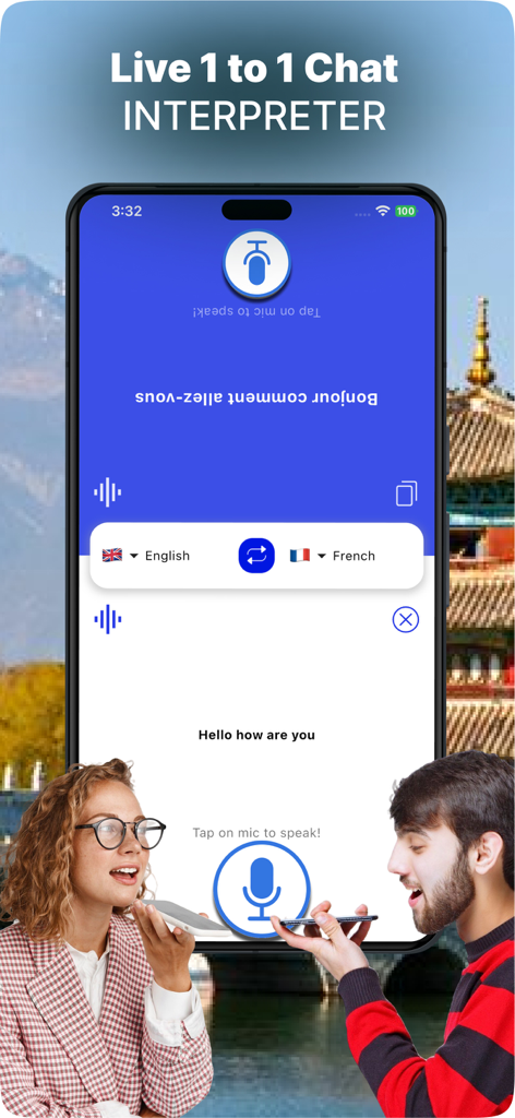 Speak & Translate Languages AI - Intérprete de chat individual ao vivo para tradução de voz em inglês e francês em tempo real