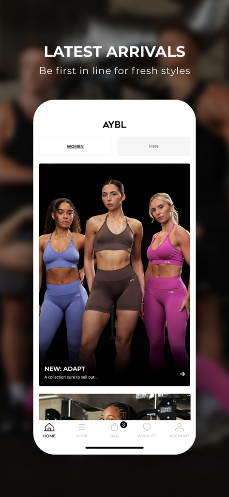 AYBL app home screen showing latest activewear arrivals for women