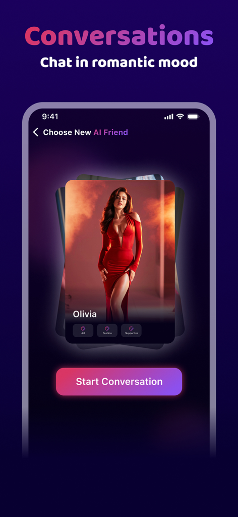A mobile interface for SweetTalk showing an AI character named Olivia in a red dress with a Start Conversation button