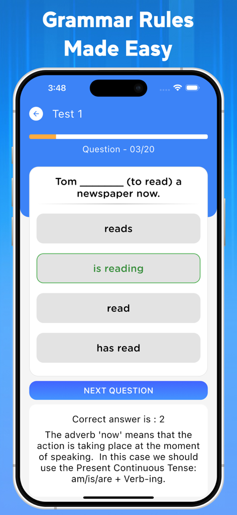 English Grammar Test 2025 - English grammar test app showing a multiple choice quiz question and detailed explanation
