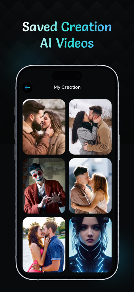 AI Kiss Video Maker : AI Hug - A gallery view of saved AI generated videos including romantic kisses and character transformations